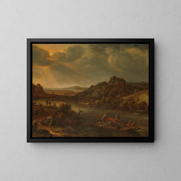 Uitzicht op rivier met veerboot - Herman Saftleven — ingelijst kunstwerk aan de muur