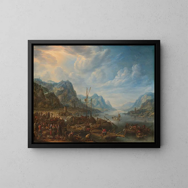 Uitzicht op rivier met aanlegsteiger - Herman Saftleven — ingelijst kunstwerk aan de muur
