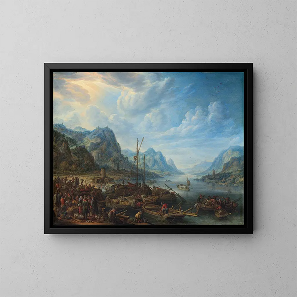 van een rivier met bootankers - Herman Saftleven — ingelijst kunstwerk aan de muur