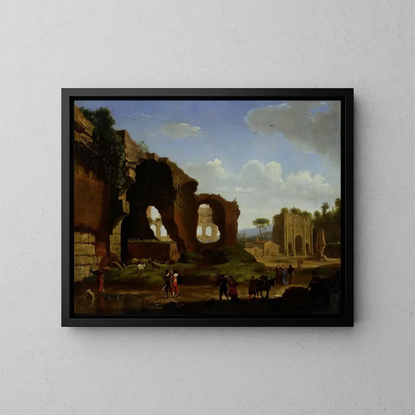 Een Romeins uitzicht op de ruïnes van de tempel van Venus en Rome met het Colosseum en de Arc de Constantin - Herman van Swanevelt — ingelijst kunstwerk aan de muur
