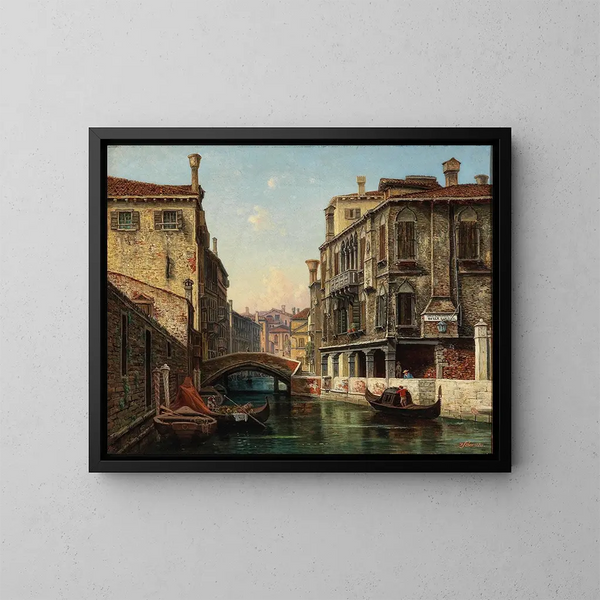 Venetië, uitzicht op het kanaal onder de poort van de eikenlaan - Hermann Oskar Schwan — ingelijst kunstwerk aan de muur