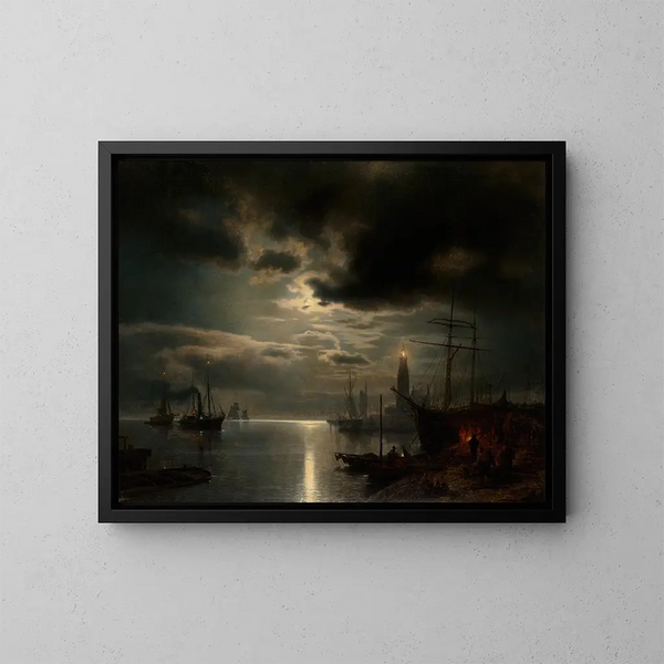 Een haven bij maanlicht - Hermann Ottomar Herzog — ingelijst kunstwerk aan de muur