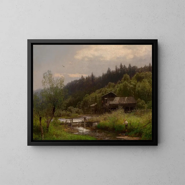 "Ferme au bord du ruisseau" door Hermann Ottomar Herzog — ingelijst kunstwerk aan de muur