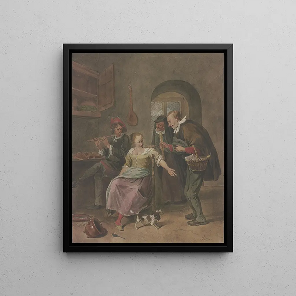 Hermanus Numan - In einem Zimmer spielt ein Mann die Flte dabei sitzt eine Frau die mit einem Mann spricht der ein Krbchen trgt hinter beiden eine alte Frau.webp