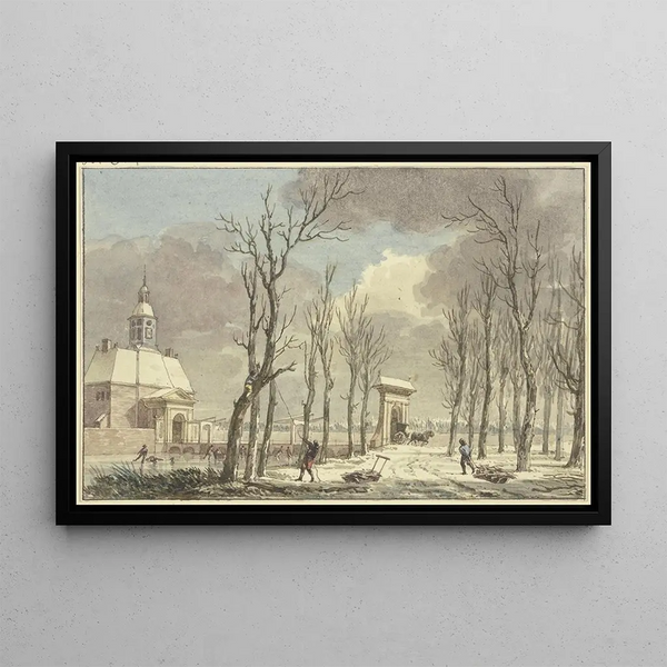 Hermanus Numan - Stadttor mit Trmchen im Winter eine lange Brcke fhrt ber den Kanal nach einer Allee.webp