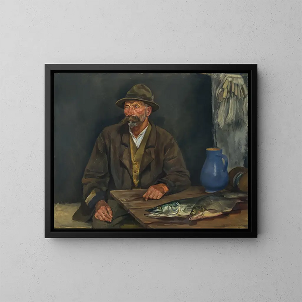 De oude Moser met een snoek - Hiasl Maier-Erding — ingelijst kunstwerk aan de muur