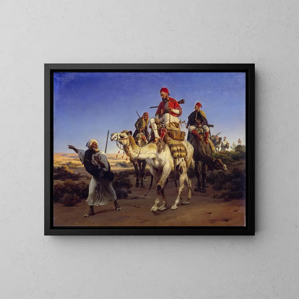 L'artiest en zijn metgezellen die door de woestijn reizen - Horace Vernet — ingelijst kunstwerk aan de muur