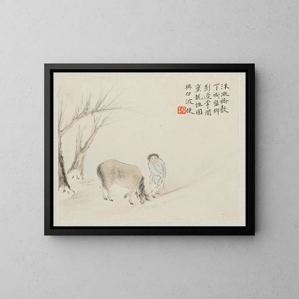 Een man en een paard bij een beek - Hua Yan — ingelijst kunstwerk aan de muur