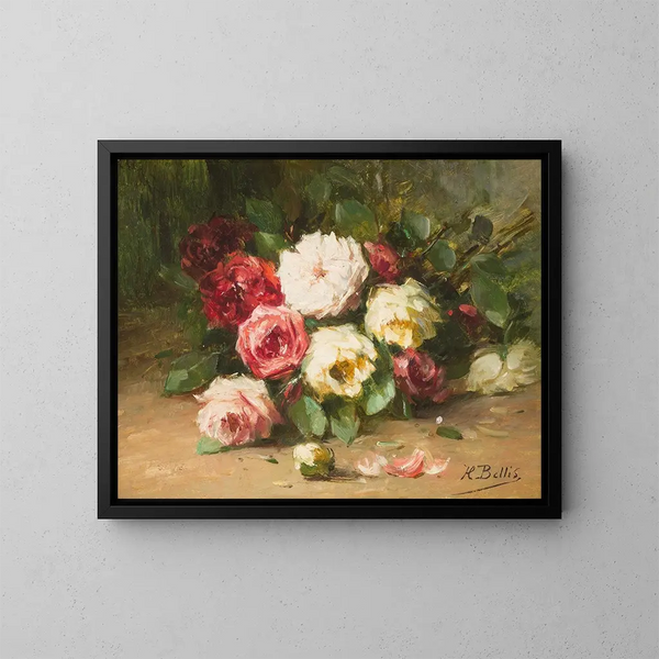 Natuurschildering met rozen - Hubert Bellis — ingelijst kunstwerk aan de muur
