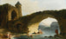 Landschap met grillige rivier met wassende vrouwen bij een vervallen brug - Hubert Robert — weergave van het kunstwerk