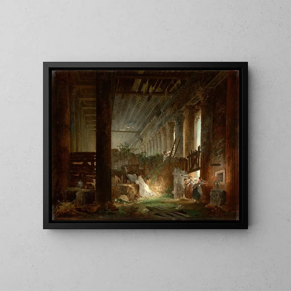 van een kluizenaar die bidt in de ruïnes van een Romeins tempel - Hubert Robert — ingelijst kunstwerk aan de muur