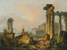 Een landschap met herders en schaapherders tussen antieke ruïnes met het standbeeld van Castor en Pollux en het Pantheon op de achtergrond - Hubert Robert — weergave van het kunstwerk