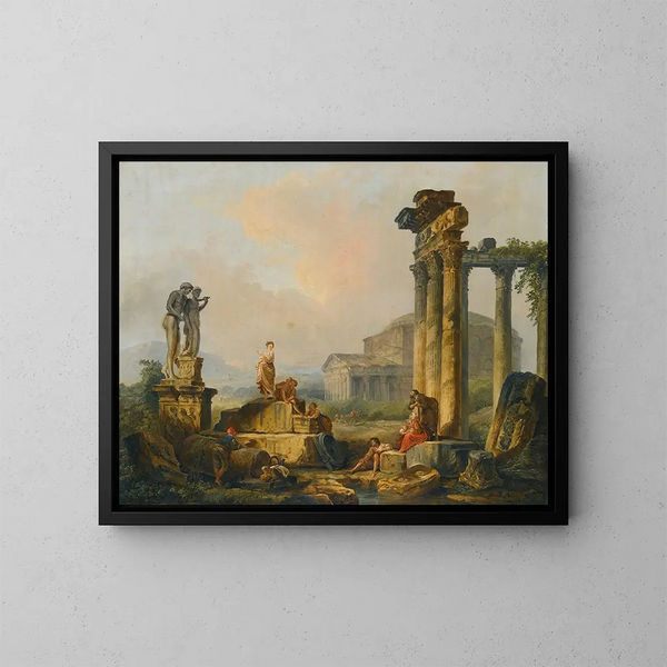 Een landschap met herders en schaapherders tussen antieke ruïnes met het standbeeld van Castor en Pollux en het Pantheon op de achtergrond - Hubert Robert — ingelijst kunstwerk aan de muur