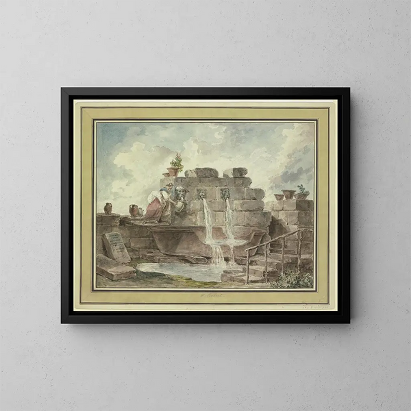 Een Romeinse fontein met een vrouw die water opvangt - Hubert Robert — ingelijst kunstwerk aan de muur