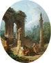 Een grilligheid van een klassieke boog en een zuil met pratende personages voor een standbeeld - Hubert Robert — weergave van het kunstwerk