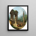 Een grilligheid van een klassieke boog en een zuil met pratende personages voor een standbeeld - Hubert Robert — ingelijst kunstwerk aan de muur