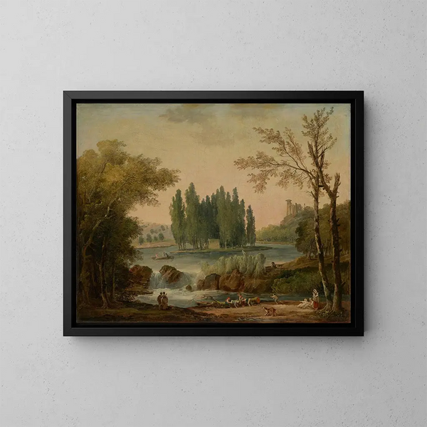 Vue van het park van Ermenonville met het graf van Jean-Jacques Rousseau en de Tempel van de Filosofie - Hubert Robert — ingelijst kunstwerk aan de muur