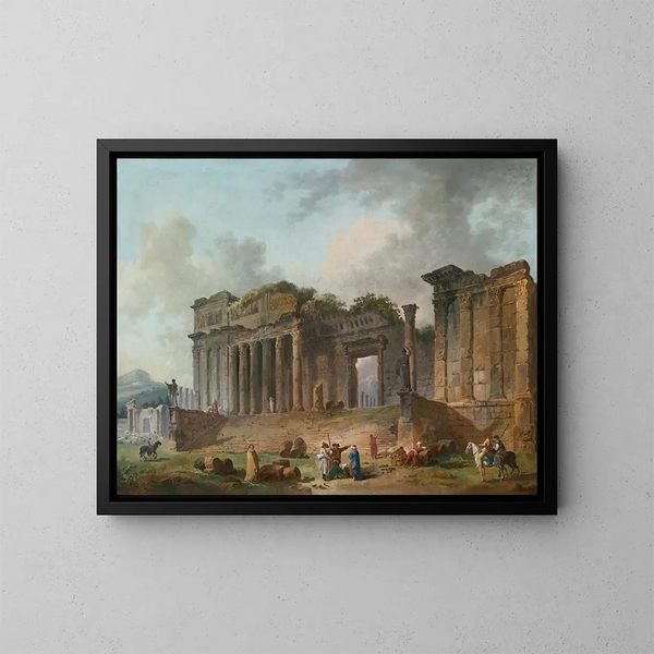 Een architectonisch fantasie met een kunstenaar schetsend op de voorgrond - Hubert Robert — ingelijst kunstwerk aan de muur