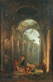 Klassieke ruïnes met soldaten die spelen - Hubert Robert — weergave van het kunstwerk