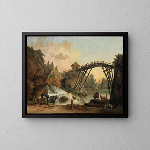 van een tekenaar die de houten brug tekent in het park van Mrville - Hubert Robert — ingelijst kunstwerk aan de muur
