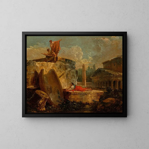 van tekenaars in een landschap met antieke ruïnes - Hubert Robert — ingelijst kunstwerk aan de muur