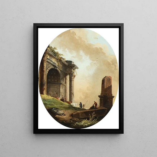 van de herders en hun vee voor een boog en een ruïneuze obelisk - Hubert Robert — ingelijst kunstwerk aan de muur