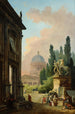Vue imaginaire de Rome avec le dompteur de chevaux du Monte Cavallo et une église - Hubert Robert — weergave van het kunstwerk