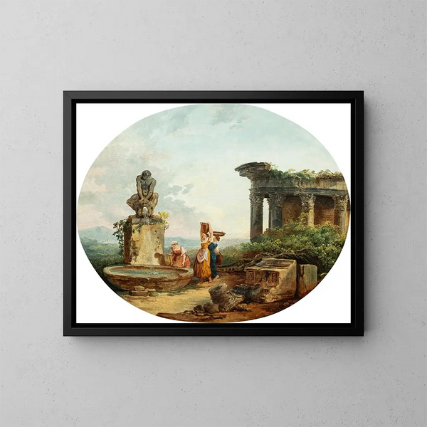Landschapsschilderij met wassers en een fontein - Hubert Robert — ingelijst kunstwerk aan de muur