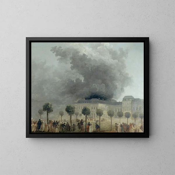 L'Incendie de l'Opéra gezien vanaf de tuinen van het Palais-Royal op 8 juni 1781 - Hubert Robert — ingelijst kunstwerk aan de muur
