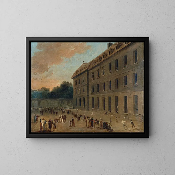 Recreatie van de gevangenen van Saint-Lazare, de balpartij - Hubert Robert — ingelijst kunstwerk aan de muur