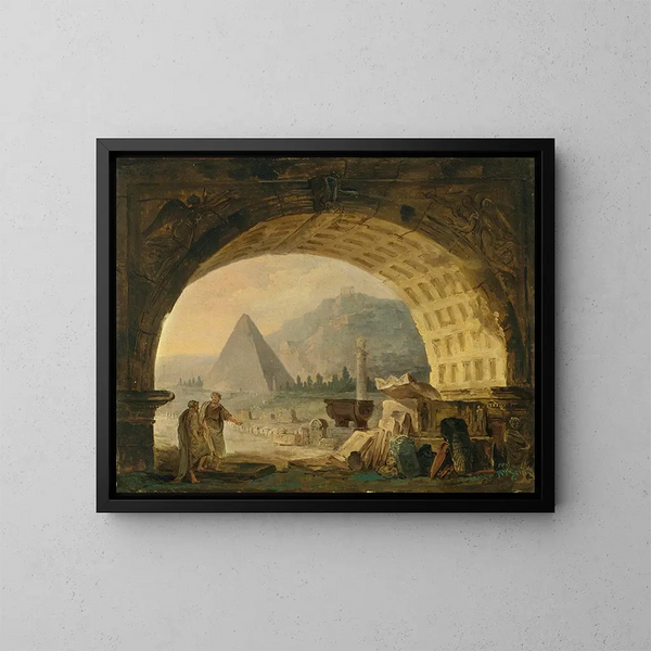 Uitzicht op antieke voorwerpen onder een boog - Hubert Robert — ingelijst kunstwerk aan de muur