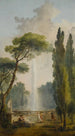 Vue d'un jardin avec une grande fontaine au centre et des personnages se relaxant et dansant au premier plan - Hubert Robert — weergave van het kunstwerk