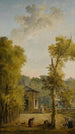 Vue d'une cour de jardin clos avec une femme nourrissant des poules et d'autres personnages au premier plan - Hubert Robert — weergave van het kunstwerk