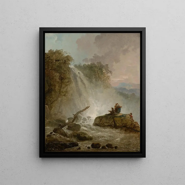 Cascadeschilderij met tekenaar - Hubert Robert — ingelijst kunstwerk aan de muur