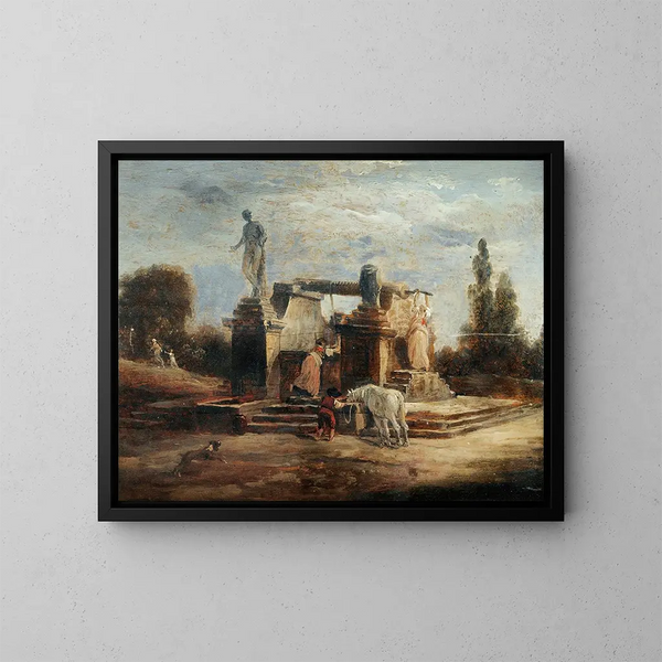 de wassende vrouwen bij de fontein - Hubert Robert — ingelijst kunstwerk aan de muur