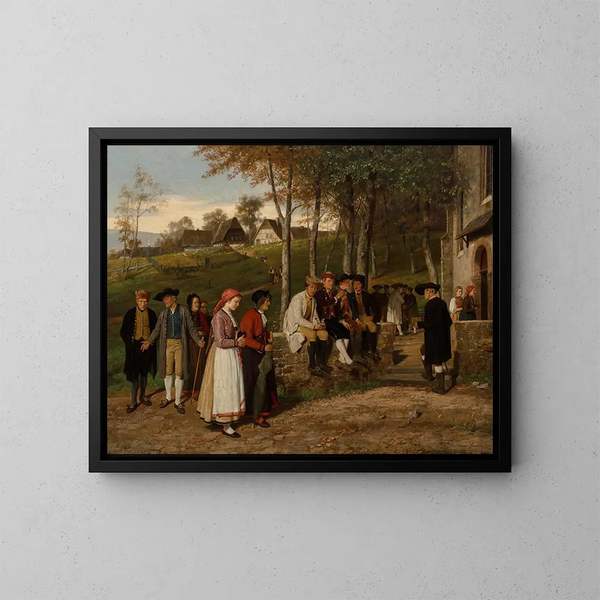 Naar de kerk gaan - Hubert Salentin — ingelijst kunstwerk aan de muur