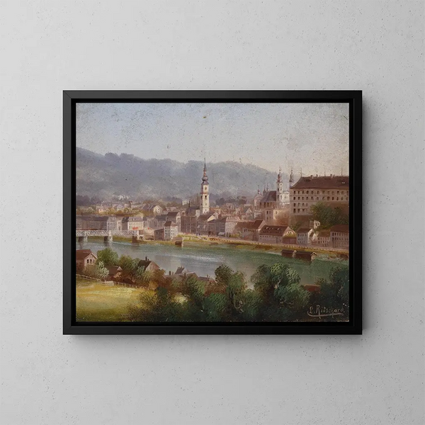 Vue sur Linz - Hubert Sattler — ingelijst kunstwerk aan de muur