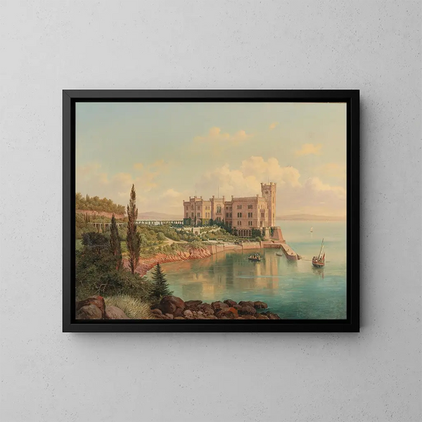 Uitzicht op het kasteel van Miramare nabij Triëst - Hubert Sattler — ingelijst kunstwerk aan de muur