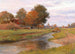 River landscape painting with a small herd of cows and a village in the background - Hugo Darnaut — artwork view