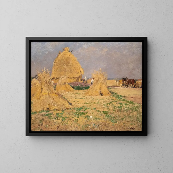 van boeren die hooi verzamelen - Hugo Mühlig — ingelijst kunstwerk aan de muur