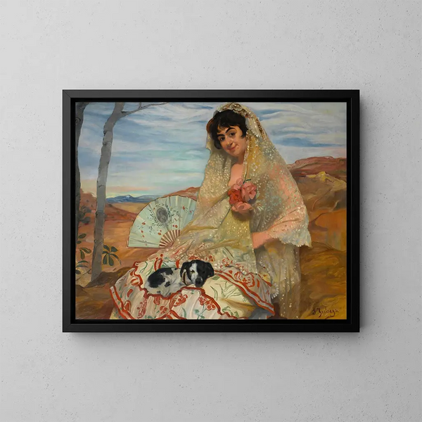 Jonge vrouw zittend met een hond - Ignacio Zuloaga — ingelijst kunstwerk aan de muur