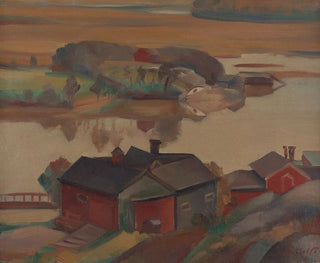 Ilmari Aalto - River Landscape With Buildings.webp