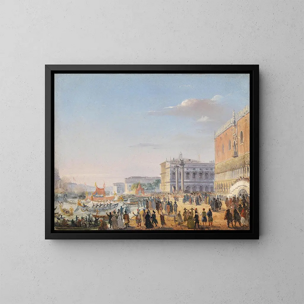 van Ippolito Caffi's Schilderij Aankomst van François-Joseph en Elisabeth in Venetië — ingelijst kunstwerk aan de muur