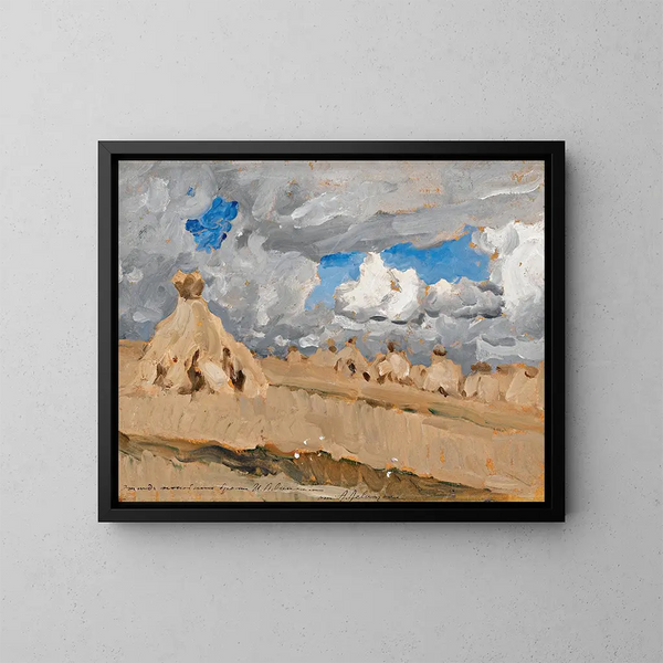 Hooiwagens in een Russisch landschap - Isaac Levitan — ingelijst kunstwerk aan de muur