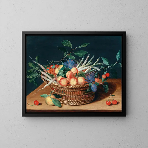 Abricots, kersen, pruimen, radijs en asperges in een mandje van riet - Isaac Soreau — ingelijst kunstwerk aan de muur