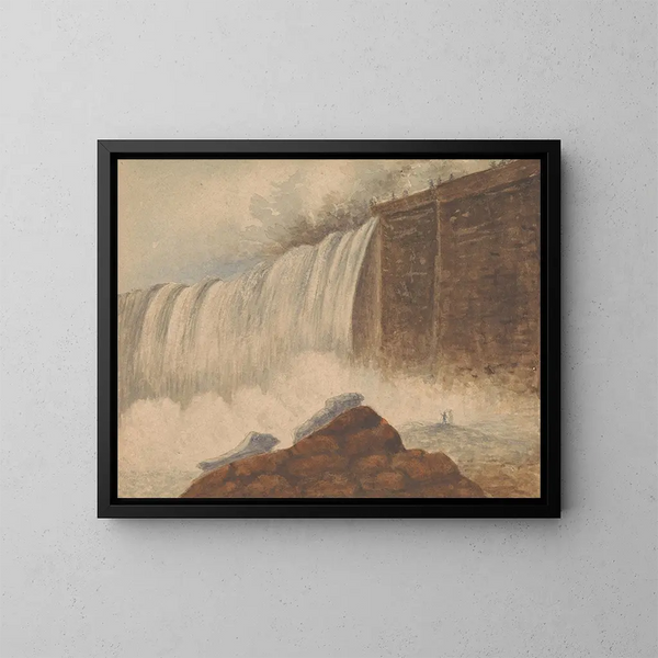 Uitzicht op de watervallen van Niagara met twee figuren op een rots op de rechtervoorgrond - Isaac Weld — ingelijst kunstwerk aan de muur