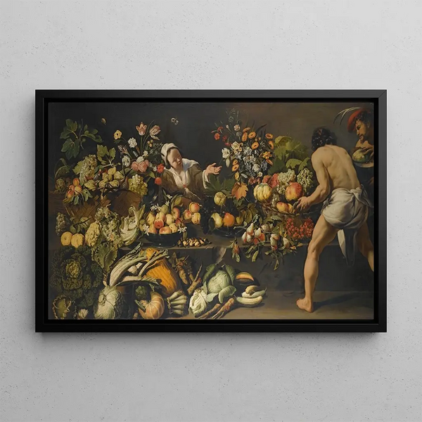 ItaloFlemish School - An Interior With Fruits Vegetables And Flowers Arranged Over A Table And The Floor With A Woman And Two Men.webp