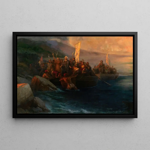 Ivan Konstantinovich Aivazovsky - The Disembarkation of Christopher Columbus with Companions on Three Launches on Friday 12th October 1492 At Sunrise on an American Island Named San Salvador by Him on the Very Same Day.webp