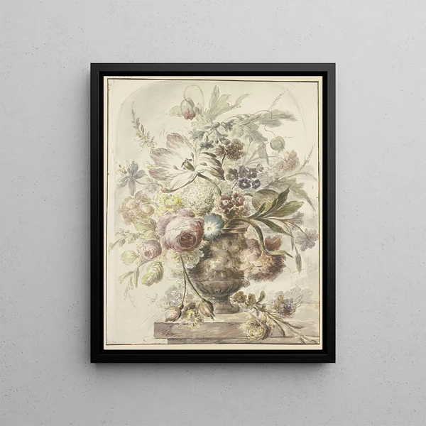 J H Van Loon - Blumenstrau in einer Vase mit Basrelief links hngen zwei Rosenknospen herab.webp