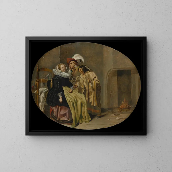 Een koppel in een interieur met een Roma waarzegster - Jacob Duck — ingelijst kunstwerk aan de muur